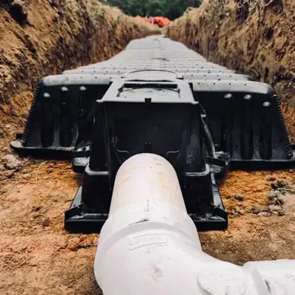 White PVC elbow connecting to the inlet end of a plastic drain field chamber